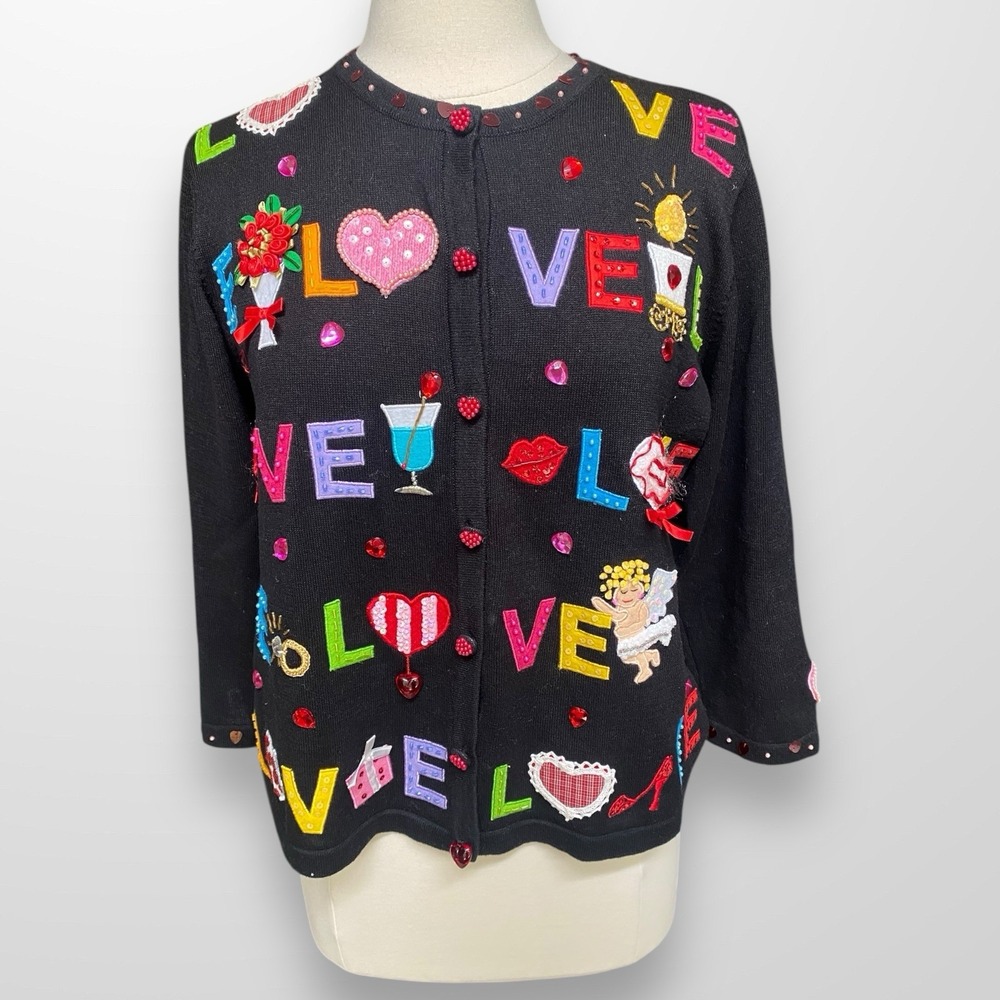 Jack B. Quick‎  Medium Valentine Hearts Love Beaded Cardigan Sweater Vintage